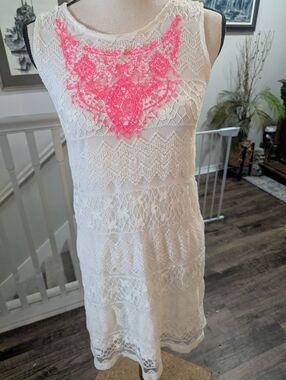 Xhilaration White Crochet Lace Dress with Neon Pink Embroidery